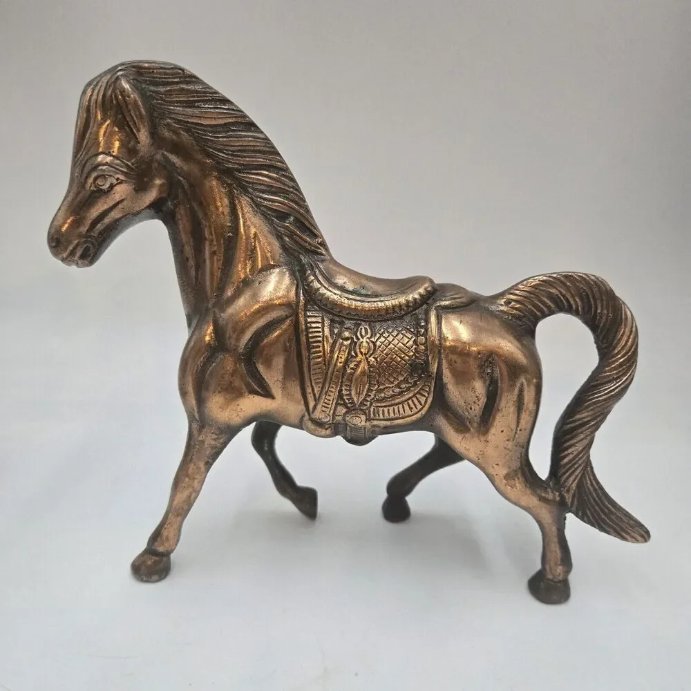 Vintage Copper Finish Cast Pot Metal Running Horse Sculpture Statue